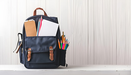 Backpack with school supplies on wooden table, on wall background