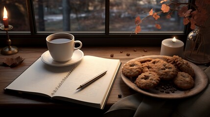 Transport yourself to a cozy setting where a rich cup of coffee is paired with an assortment of delectable cookies