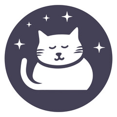 A white cat with closed eyes against a dark background with white stars