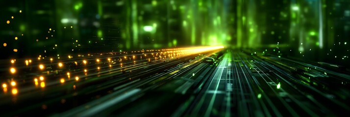 Fototapeta premium A futuristic green digital city featuring alien technology, set against a vibrant green background, creating a captivating and innovative landscape for a green technology-themed wallpaper.