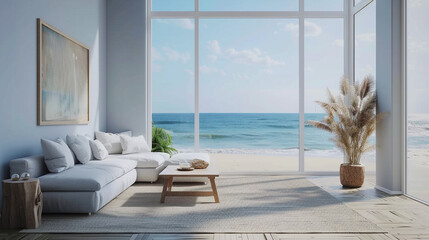 Fototapeta premium Bright living room with white furniture, ocean view, and large windows.