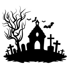 A spooky silhouette of a haunted church with a cross on top, surrounded by bare trees, bats, and gravestones in a dark, eerie landscape