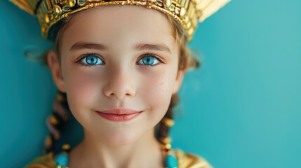 A young girl dressed as Cleopatra, posing confidently in her historically accurate Halloween costume.