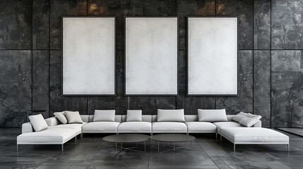 Modern living room with white furniture, concrete walls, and large windows.