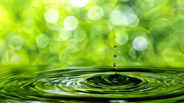 Water drop splashing into green liquid, creating ripples
