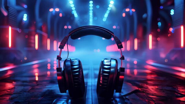 Glowing Neon Headphone on Dark Glowing Background