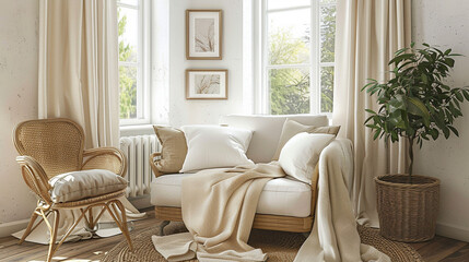 Fototapeta premium Cozy living room with beige furniture, indoor plants, and large windows.
