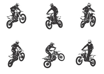 Set of silhouettes of man riding on motocross