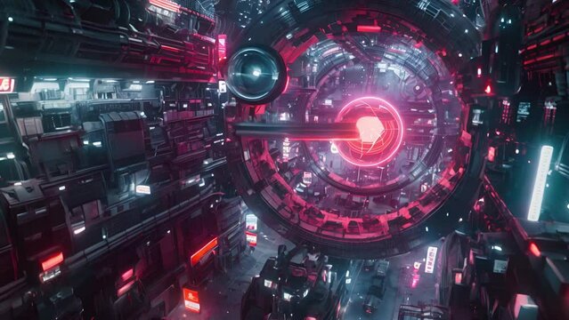 Futuristic space hub with glowing red core and detailed architecture