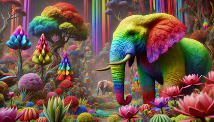 Obraz premium A vibrant, rainbow-colored elephant stands amidst a fantastical forest filled with colorful, surreal vegetation and dreamy landscapes. 