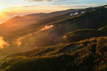 Sunset on the island of Madeira nature landscape in Portugal with a view of the main city of Funchal