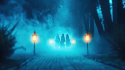 Obraz premium A spectral gathering amidst Halloween-themed decor, where ghostly figures materialize in the mist, enhancing the spooky atmosphere with a touch of mystery.