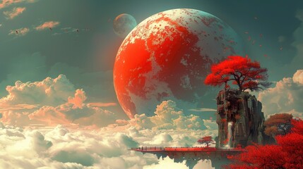  A cyan moon floating in the sky, with an ancient garden on it and fog below, The flying platform of the stone gazebo floats under the big planet,