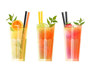 Cocktails in tall glasses. Set of 3 summer illustrations isolated on white background. Vector illustration.