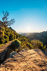 Hiking on the highest peak of Madeira Pico Ruivo next to the cottage Abrigo do Pico Ruivo. Views of the surrounding mountains lanscape during sunny day