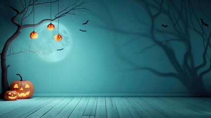 Spooky lighting casts haunting shadows on creepy Halloween decorations, enhancing the eerie ambiance of the scene.