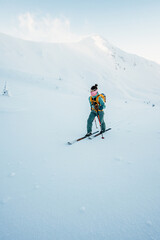 Mountaineer backcountry ski walking ski alpinist in the mountains. Ski touring in alpine landscape with snowy trees. Adventure winter sport. Low Tatras, slovakia