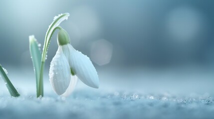White snowdrop flower on a frost-covered stalk, gentle snowflakes falling, soft-focus background emphasizing its delicate beauty.
