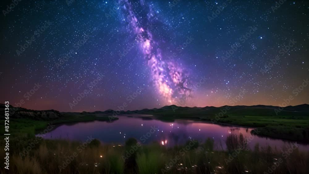 Poster a scenic view of the milky way galaxy shining brightly over a tranquil lake at night. the stars are 