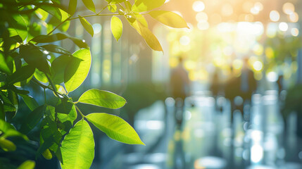 A blurred background of people walking in a modern office, surrounded by green trees and sunlight. Reflects an eco-friendly and ecologically responsible business concept.copy space
