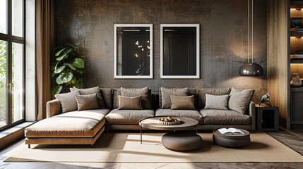 Industrial-style living room with beige furniture, modern decor, and large windows.