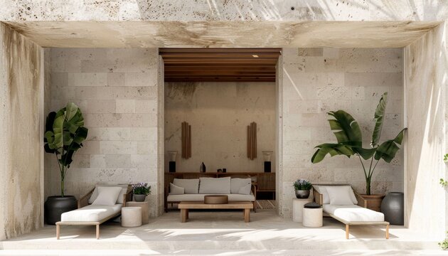 Luxurious hotel interior design, with limestone and concrete accents, nature aesthetic