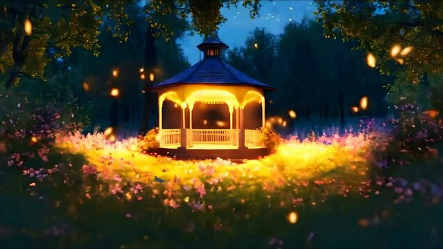 garden gazebo amidst field wildflowers, with fireflies dancing soothing lofi playlist. glowing light's 