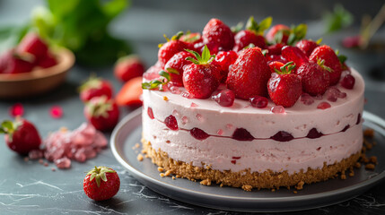 Fraisier mousse cake. Strawberry cake with sponge cake, mousse and jelly on a gray concrete background. Summer dessert. Selective focus. Copy space.
