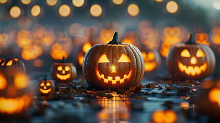 A close-up of intricately carved Jack-o'-Lanterns, highlighting the detailed craftsmanship of each pumpkin face.