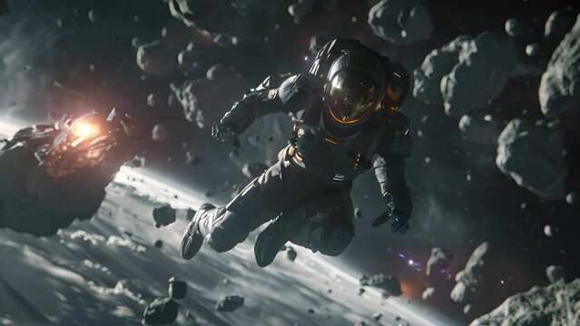 An astronaut floats amidst space debris