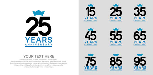 anniversary logotype set. black color and blue crown can be use for celebration event
