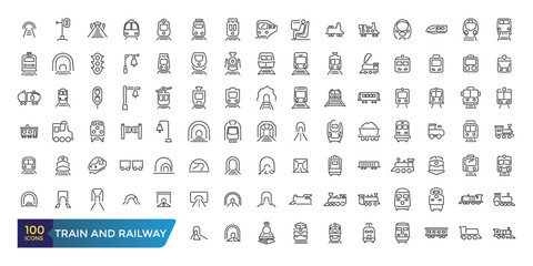 Set of train and railway Icons. Collection and pack of linear web and ui icons. Editable stroke. Vector illustration.