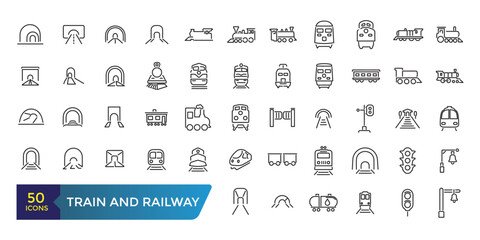 Set of train and railway Icons. Collection and pack of linear web and ui icons. Editable stroke. Vector illustration.