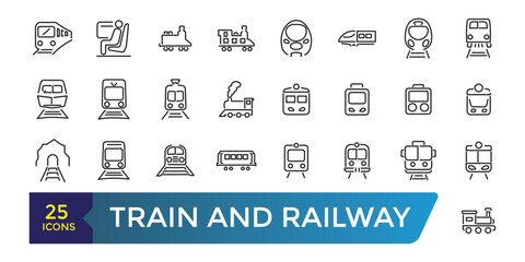 Set of train and railway Icons. Collection and pack of linear web and ui icons. Editable stroke. Vector illustration.