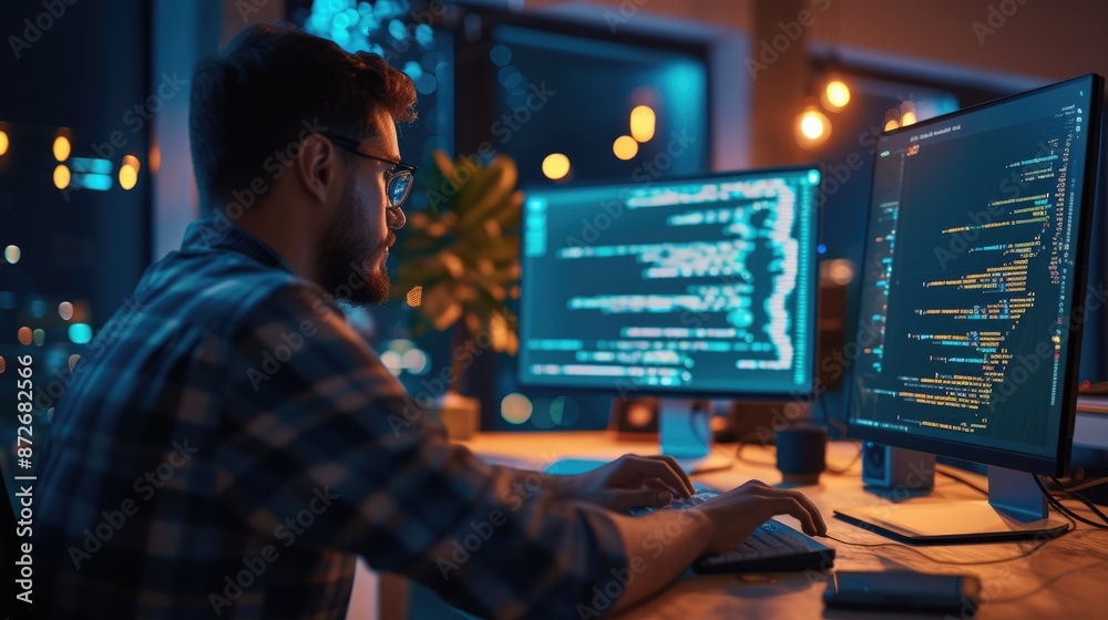 Poster a software developer is engrossed in writing code on dual monitors, indicative of the concentration 
