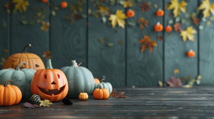 An arrangement of mini pumpkins and gourds displayed alongside carved jack-o'-lanterns, capturing the essence of Halloween with a festive and spooky ambiance.