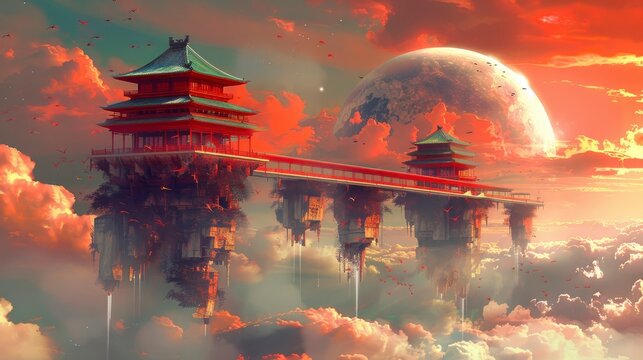  A turquoise star floating in the sky, with a futuristic habitat on it and stars below, The flying platform of the glass sphere floats under the big planet, - Powered by Adobe