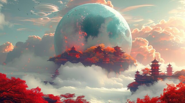  A turquoise star floating in the sky, with a futuristic habitat on it and stars below, The flying platform of the glass sphere floats under the big planet,