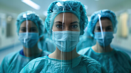 Three nurses in blue scrubs and masks stand in a hallway. Concept of professionalism and dedication to their work