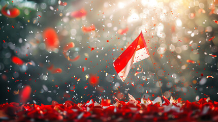 background photo of indonesia independence day, realistic photo, red and white indonesia flag, festive and confetti, hari kemerdekaan indonesia