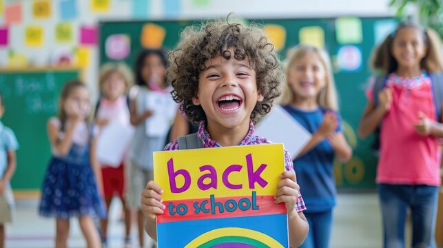 High resolution photo of a school child, a small child with curly hair laughing broadly and feeling happy welcoming his first day of school while holding a colorful sign that says "back to school"