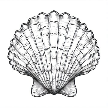 A black and white line drawing of a closed scallop shell