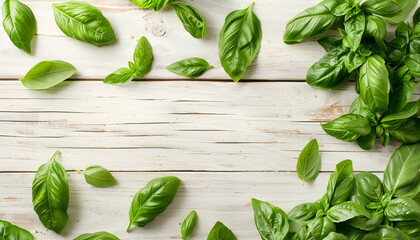 Obraz premium Green fresh basil on wooden background