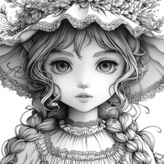 A close-up portrait of a young girl with large eyes and braids wearing a floral hat