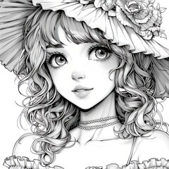 A close-up drawing of a young woman with curly hair, wearing a hat with flowers