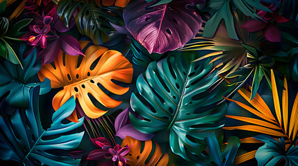 Naklejka premium Seamless pattern tropical background, illustration of exotic summer leaf and plants in vivid colorful colors, flat lay. Illustration,&nbsp;