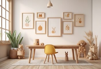 Fototapeta premium Mock up frame in home interior background, white room with natural wooden table and decor, 3d render