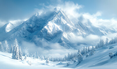 Obraz premium Snow-Covered Majestic Mountains in Winter with Frosted Trees on a Cloudy, Serene Day