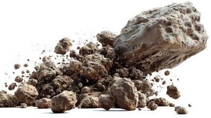 A large rock has been broken into many pieces, creating a chaotic