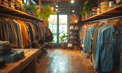 Obraz premium Cozy Boutique Fashion Store Interior with Clothes Racks and Wooden Floors in Warm Lighting